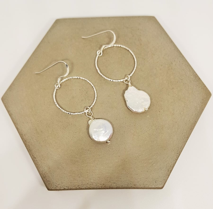 Pearl and Sterling Silver Textured Circle Hoop Drop Hand Beaded Sterling Silver 