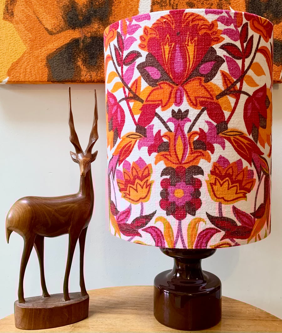 Retro BRIGHT Art Nouveau Pink Orange Floral 60s 70s Vintage Fabric Lampshade