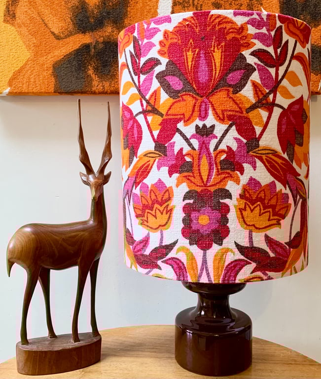Retro BRIGHT Art Nouveau Pink Orange Floral 60s 70s Vintage Fabric Lampshade