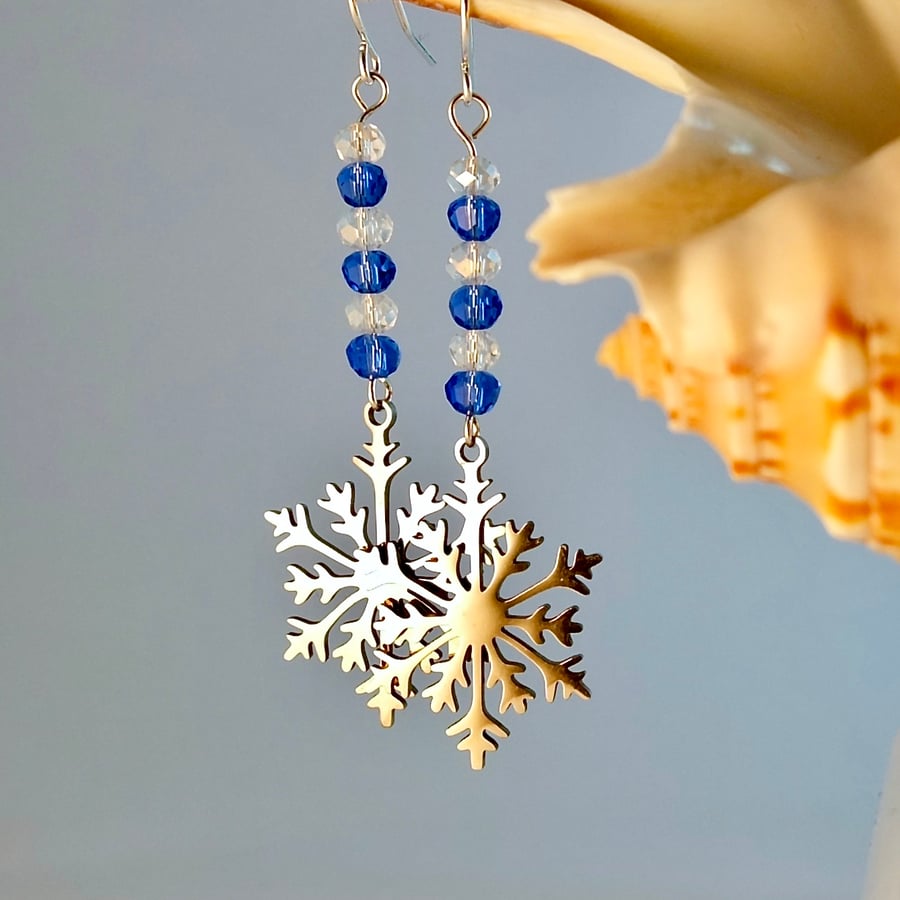 Christmas Earrings, Snowflake With Sparkly Glass, Stocking Filler, Secret Santa 