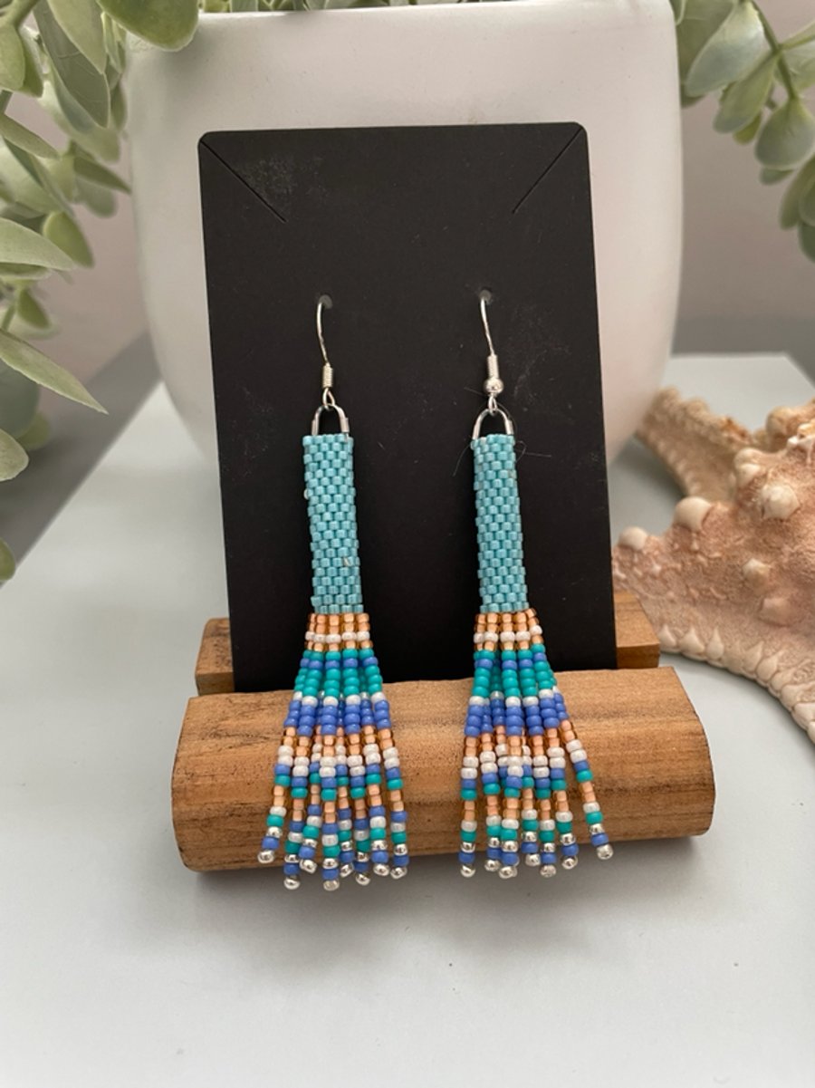 Dangle beaded fringe earrings , handmade earrings, 