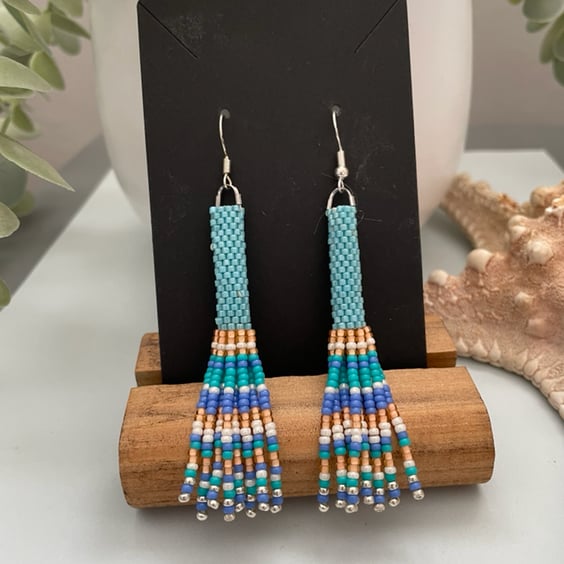 Dangle beaded fringe earrings , handmade earrings, 