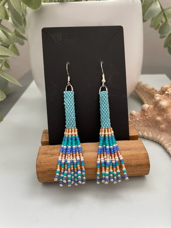 Dangle beaded fringe earrings , handmade earrings, 