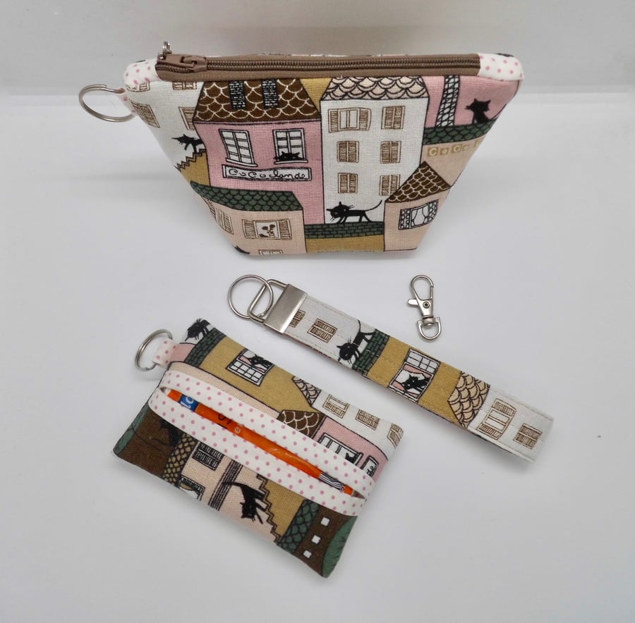 SOLD cat on the roof print fabric set of three hand bag accessories gift 