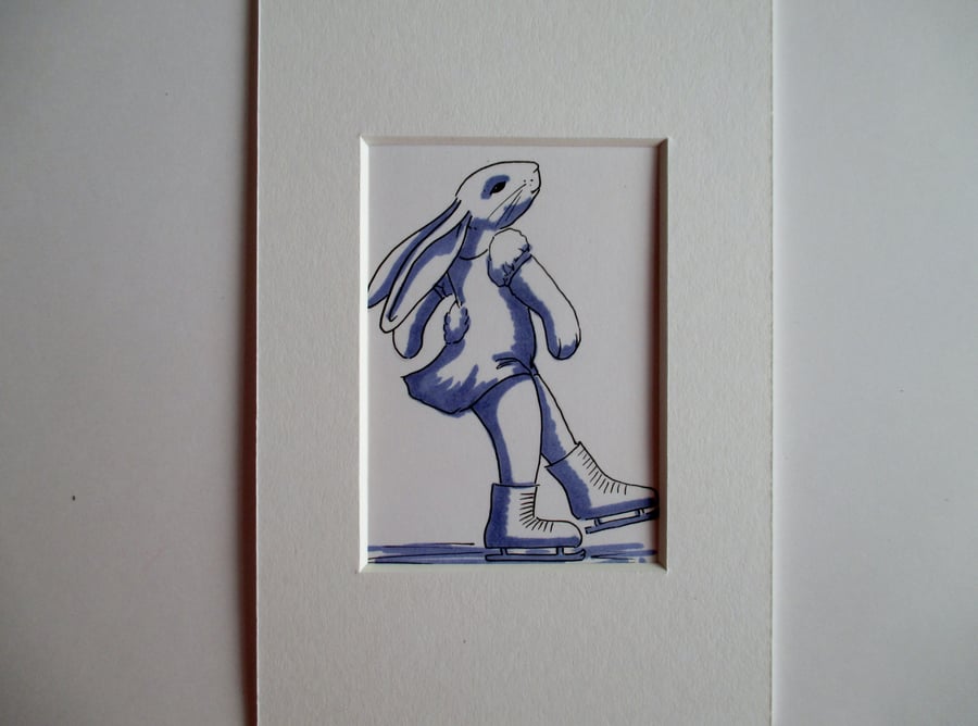 SALE Ice Skating Dancing Bunny Rabbit ACEO original miniature painting 