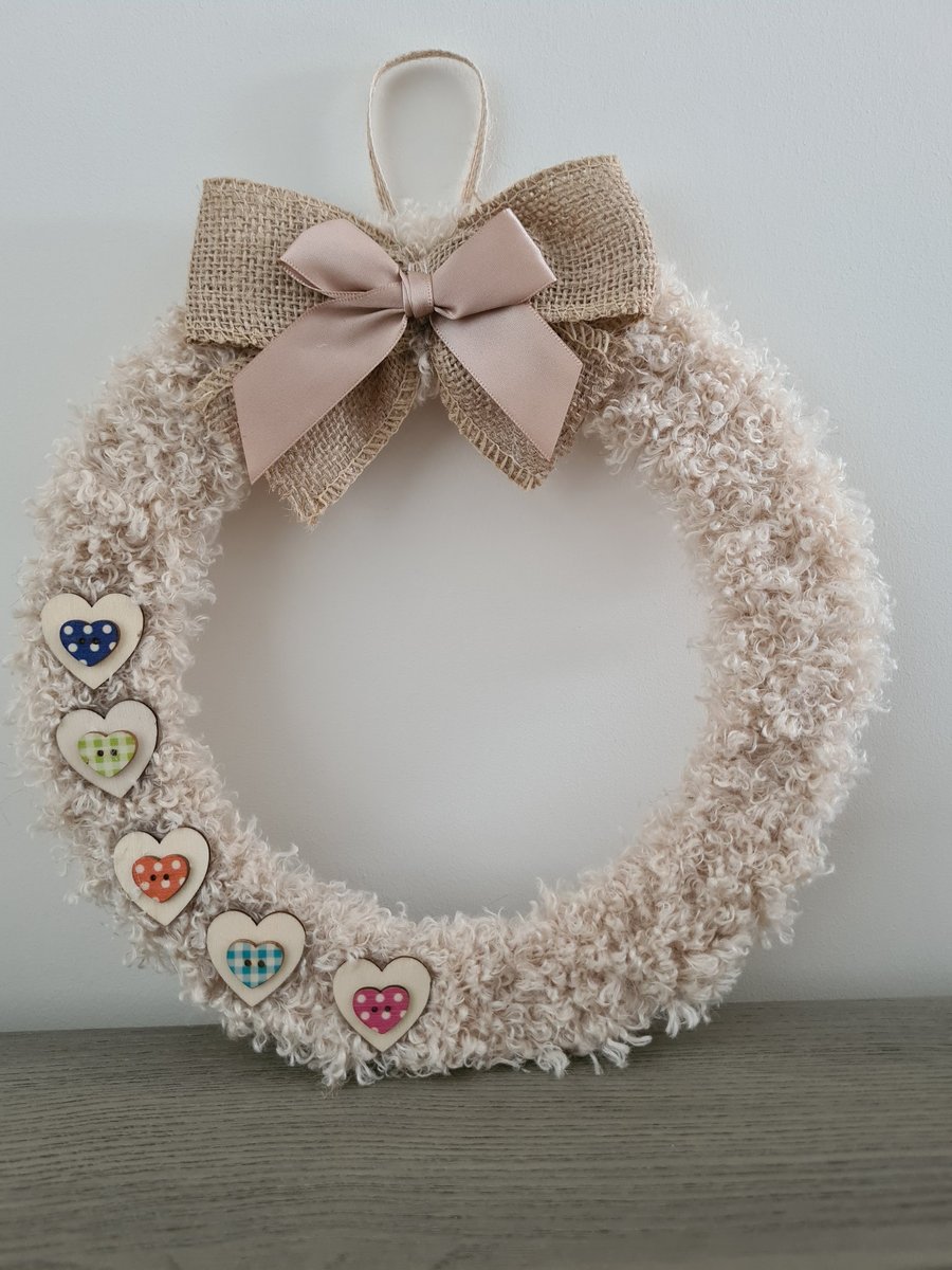 Teddy bear yarn wrapped wreath