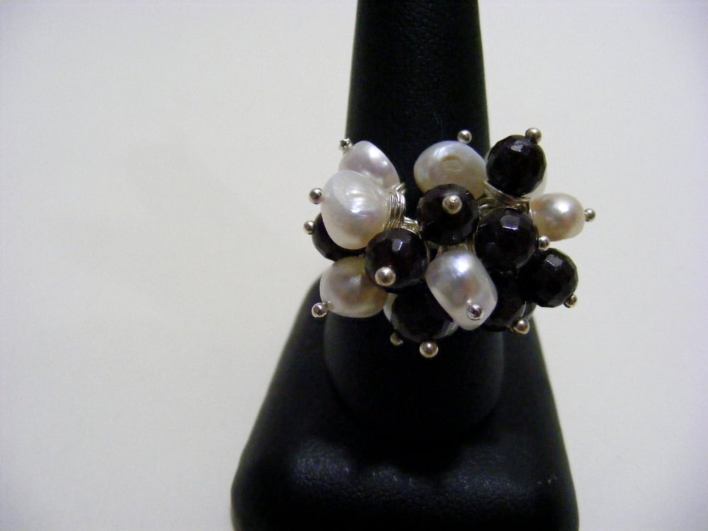 Freshwater Cultured Pearl and Garnet Adjustable Ring