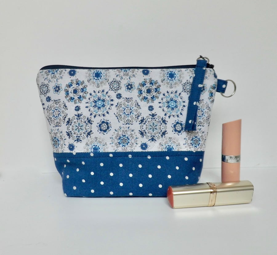SOLD Make up bag in blue and white fabrics