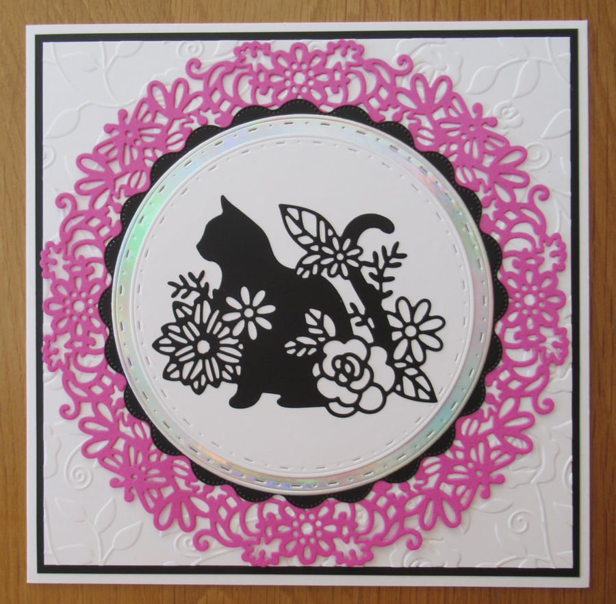 7x7 Cat Silhouette Birthday Card - Pink