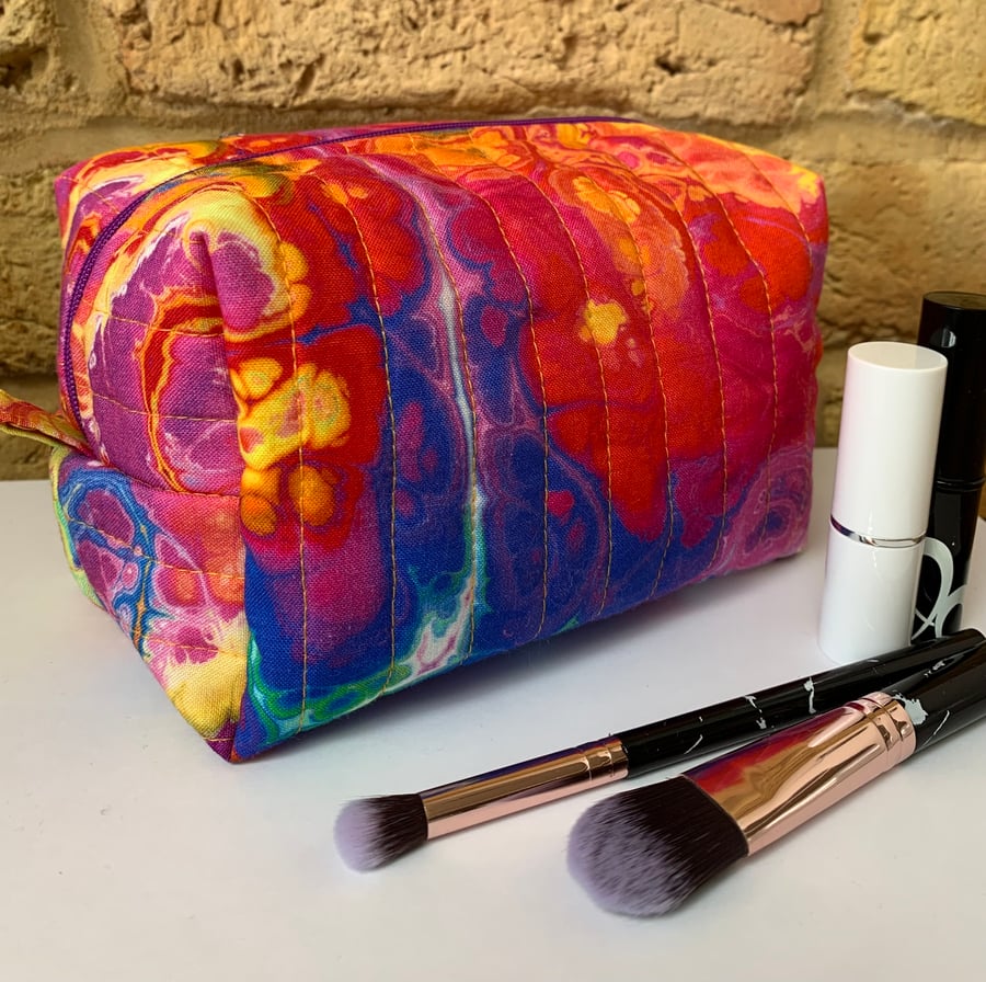 Rainbow Marble Effect Quilted Fabric Box Shape Makeup Bag