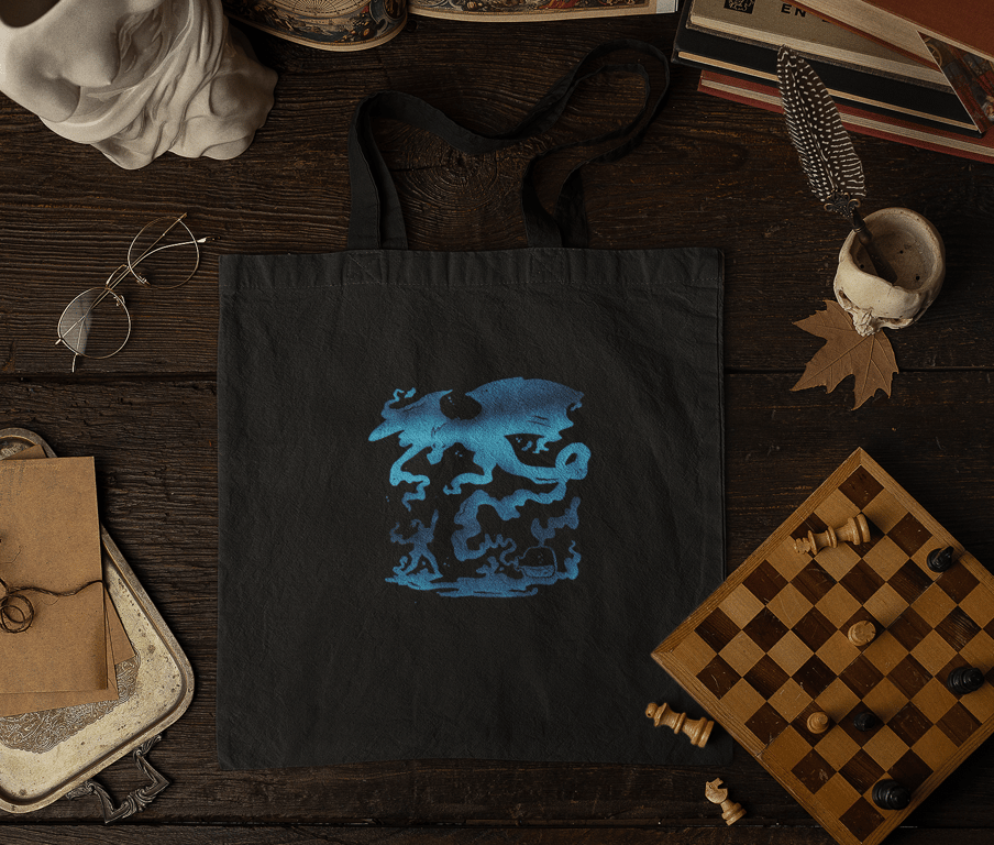 Fantasy Dragon and Knight Black Tote Bag 