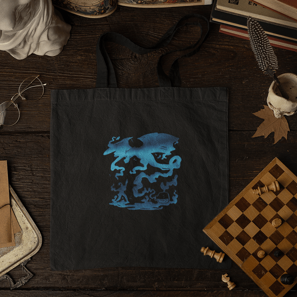 Fantasy Dragon and Knight Black Tote Bag 