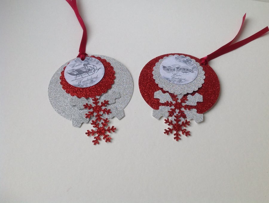 Christmas Bauble Gift Tags, Two Large Bauble, Snowflake Gift Tags.