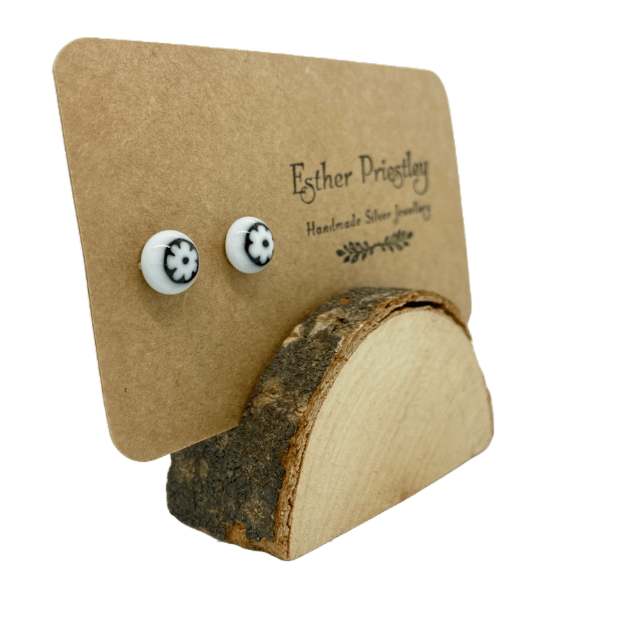 White & black flower jewellery - glass & silver studs -handmade in Yorkshire