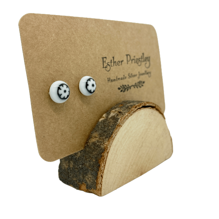 White & black flower jewellery - glass & silver studs -handmade in Yorkshire