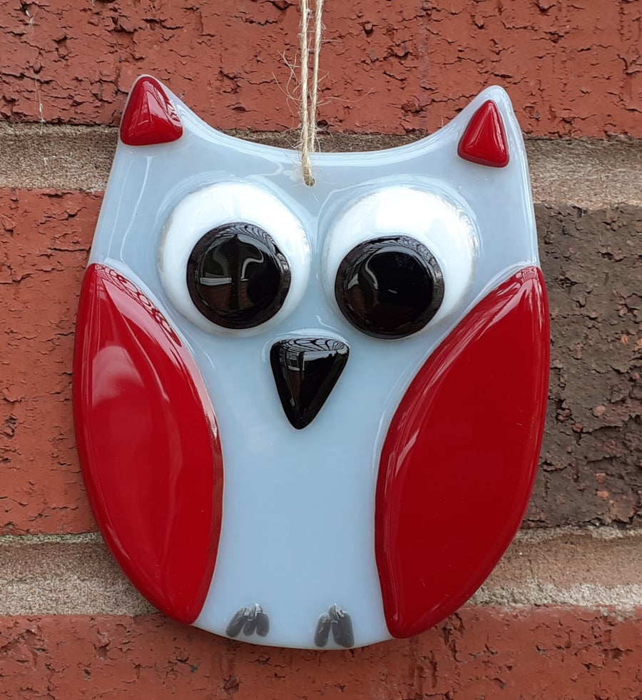 Fused Glass Owl Wall Hanging Decoration - Grey and Dark Red