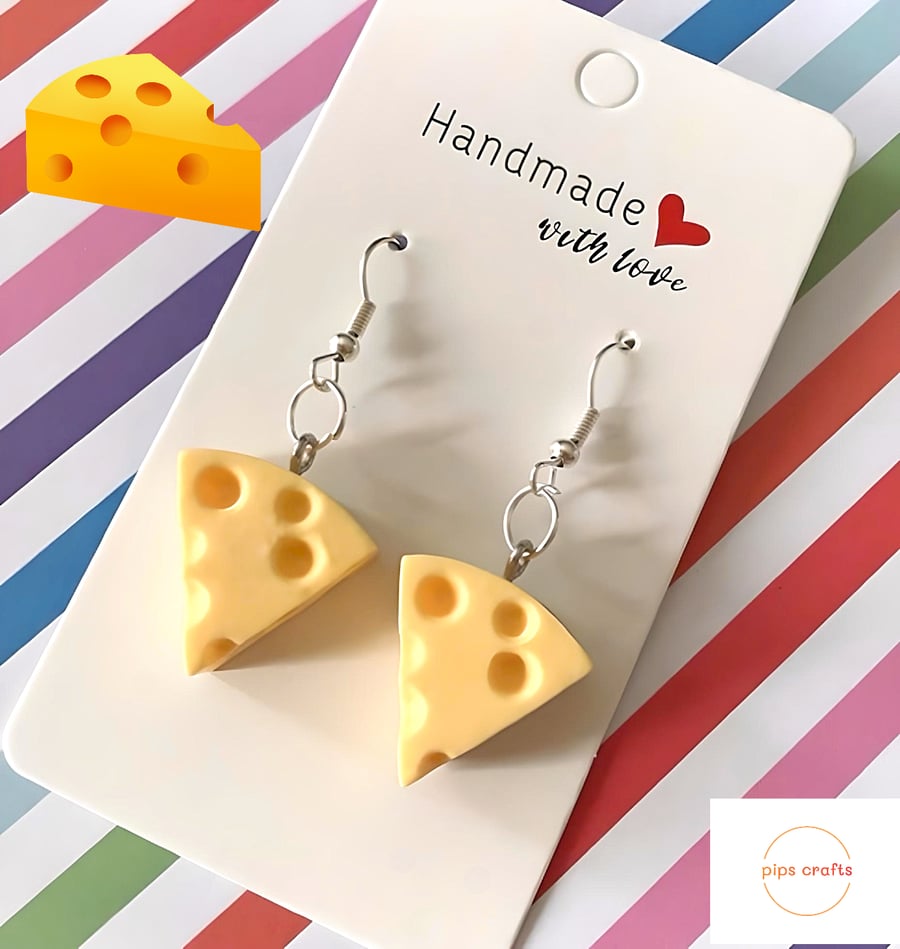 Fun Wedge of Cheese Dangle Earrings 925 Silver Hooks, Quirky Food Jewellery 