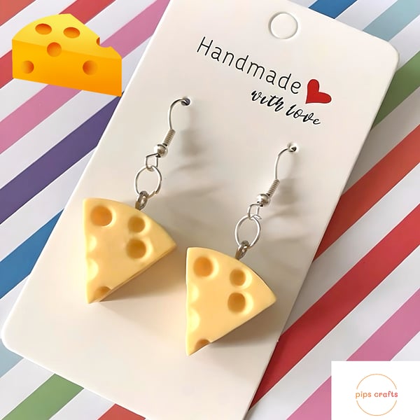 Fun Wedge of Cheese Dangle Earrings 925 Silver Hooks, Quirky Food Jewellery 