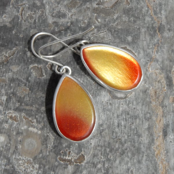 Golden yellow and red bowlerite drop earrings