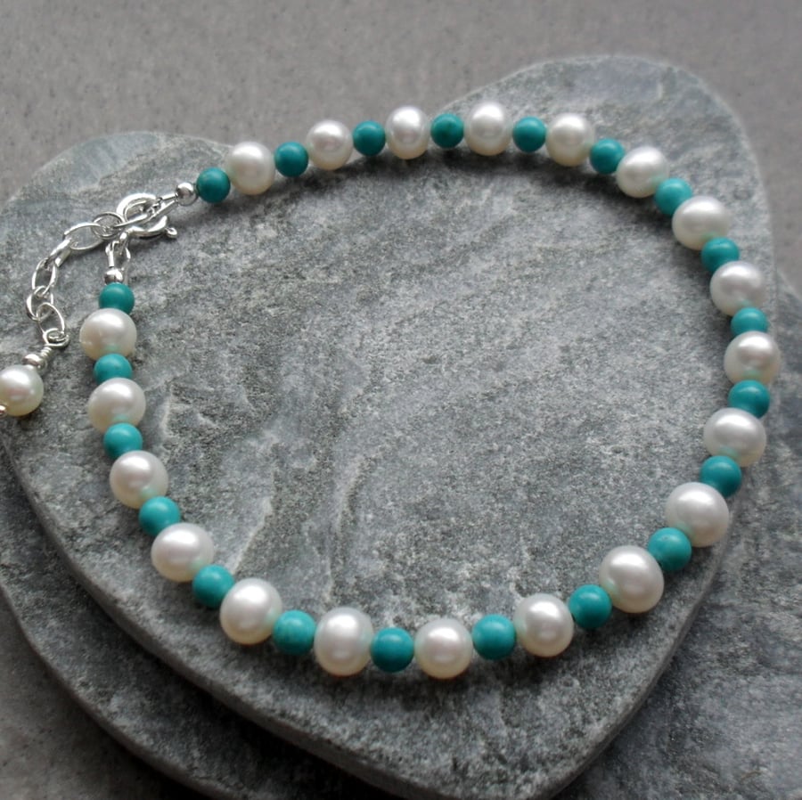 Stabilized Turquoise and Freshwater Pearl Sterling Silver Bracelet