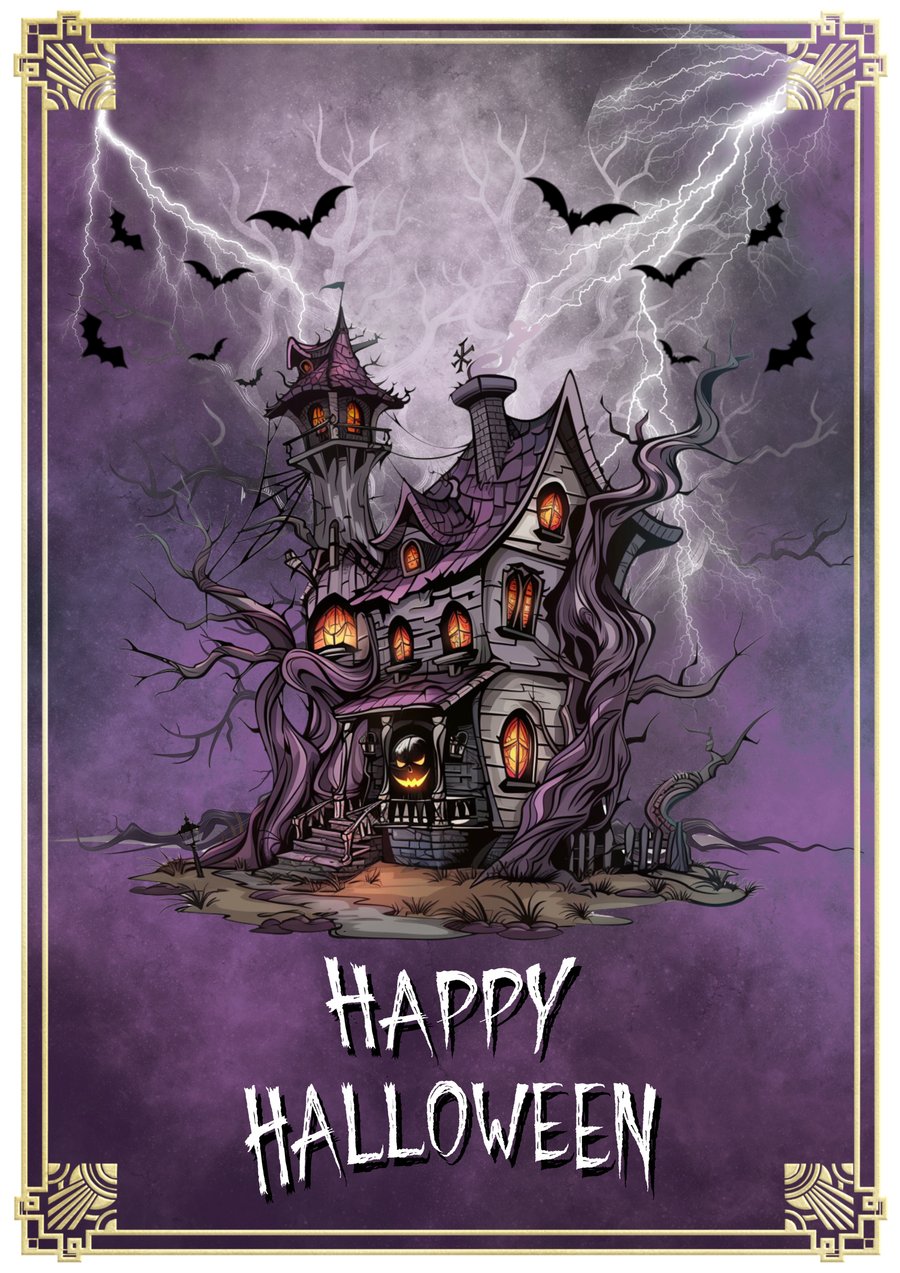 Halloween Card, Haunted House, Pumpkins Galore & Bats! Happy Halloween