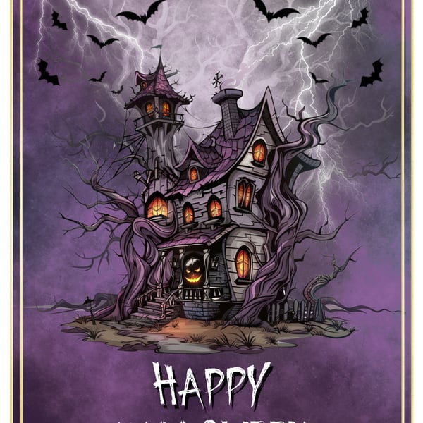 Halloween Card, Haunted House, Pumpkins Galore & Bats! Happy Halloween
