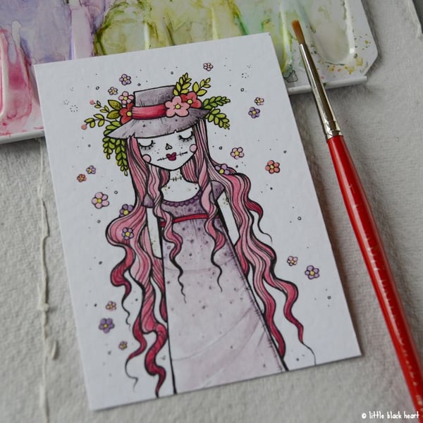 pink blossom zombie lady - original aceo