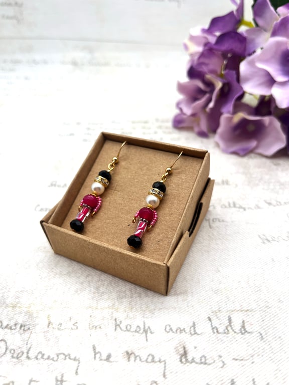 Pink Crystal Nutcracker Drop Earrings - Festive Ballet Christmas Jewellery