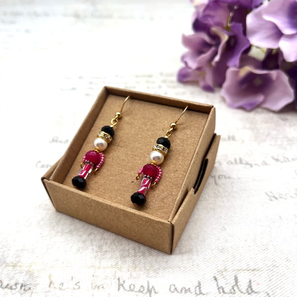 Pink Crystal Nutcracker Drop Earrings - Festive Ballet Christmas Jewellery
