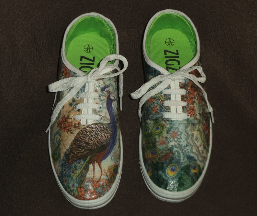 Decorated Shoes MADE TO ORDER Peacock Unique Summer Canvas Sizes UK 3 to 9      