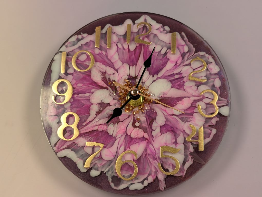 Handmade Resin Wall Clock – Bloom Design in Purple & Copper (15cm)