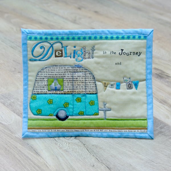 "Delight in the Journey' Mug Rug with Vintage Caravan Detail