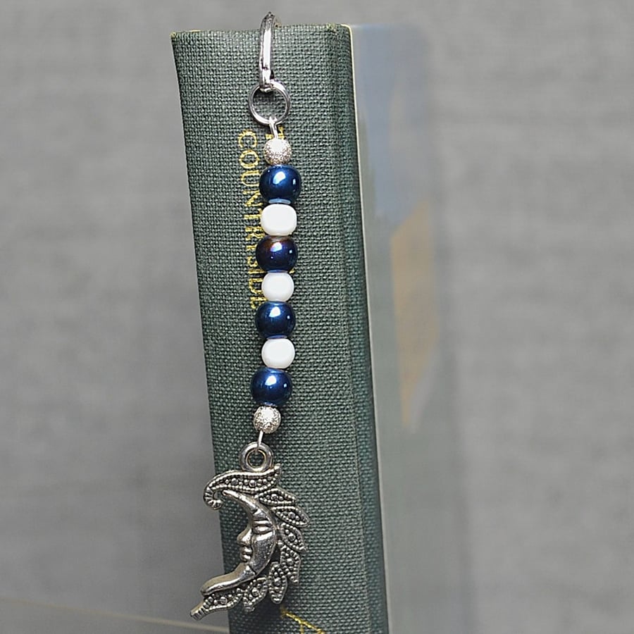 Patterned Metal Bookmark with Blue and White Glass Beads and Crescent Moon Charm
