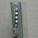 Patterned Metal Bookmark with Blue and White Glass Beads and Crescent Moon Charm
