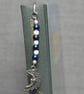 Patterned Metal Bookmark with Blue and White Glass Beads and Crescent Moon Charm