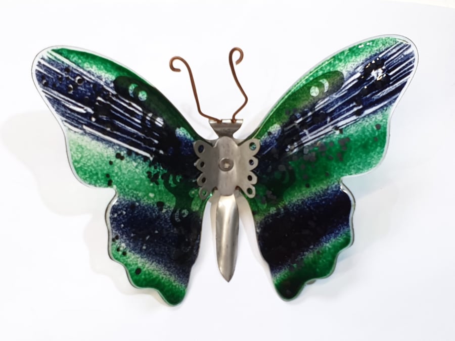 Butterfly Wall Art - Glass and Metal - Green and Black Butterfly