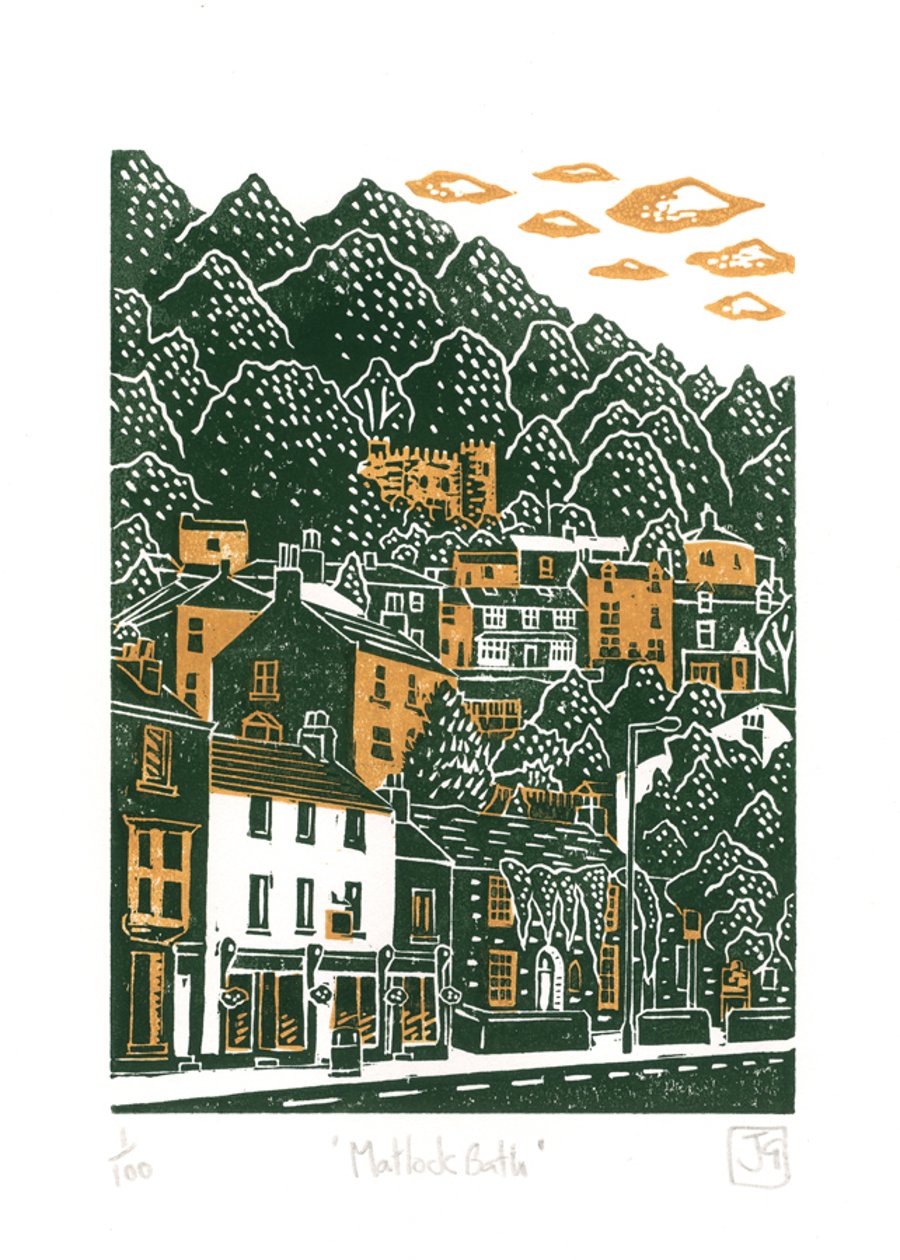 Matlock Bath two-colour linocut print