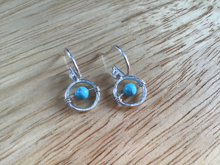 Turquoise all Sterling silver dainty circle gemstone earrings