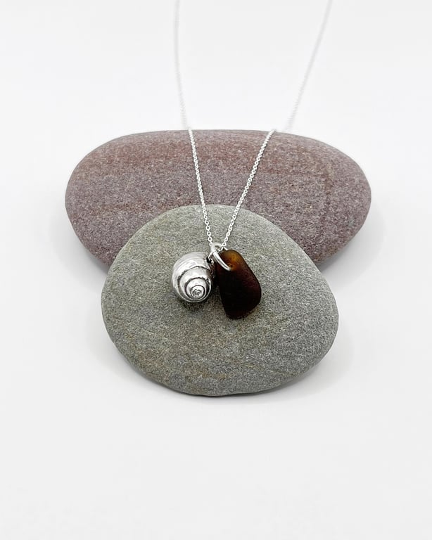 Cornish Sea Glass Necklace with Silver Coated Venetian Seashell - Burnt Orange