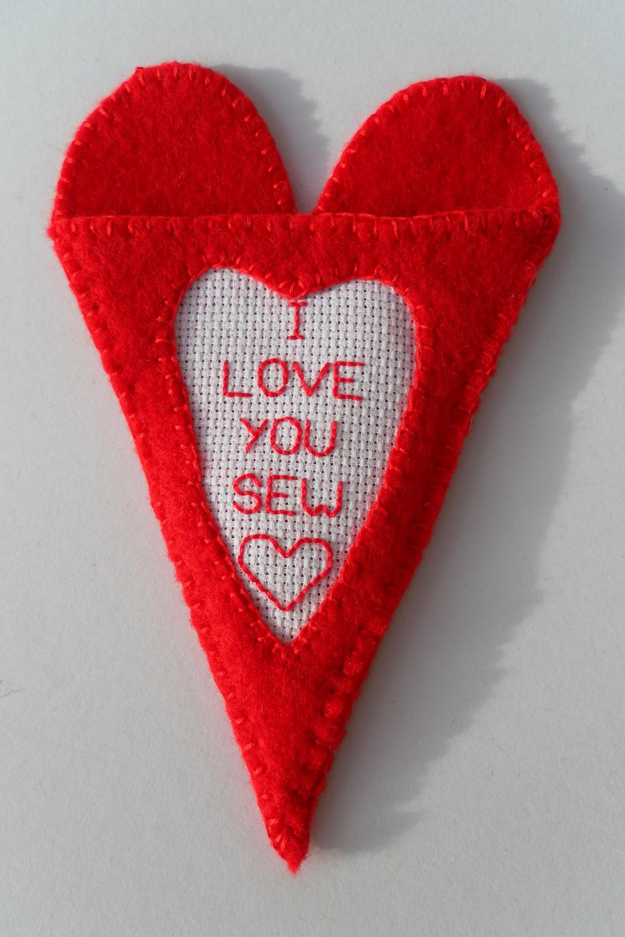Scissors case, Red Felt Heart, hand embroidered on Aida panel, Mother’s Day