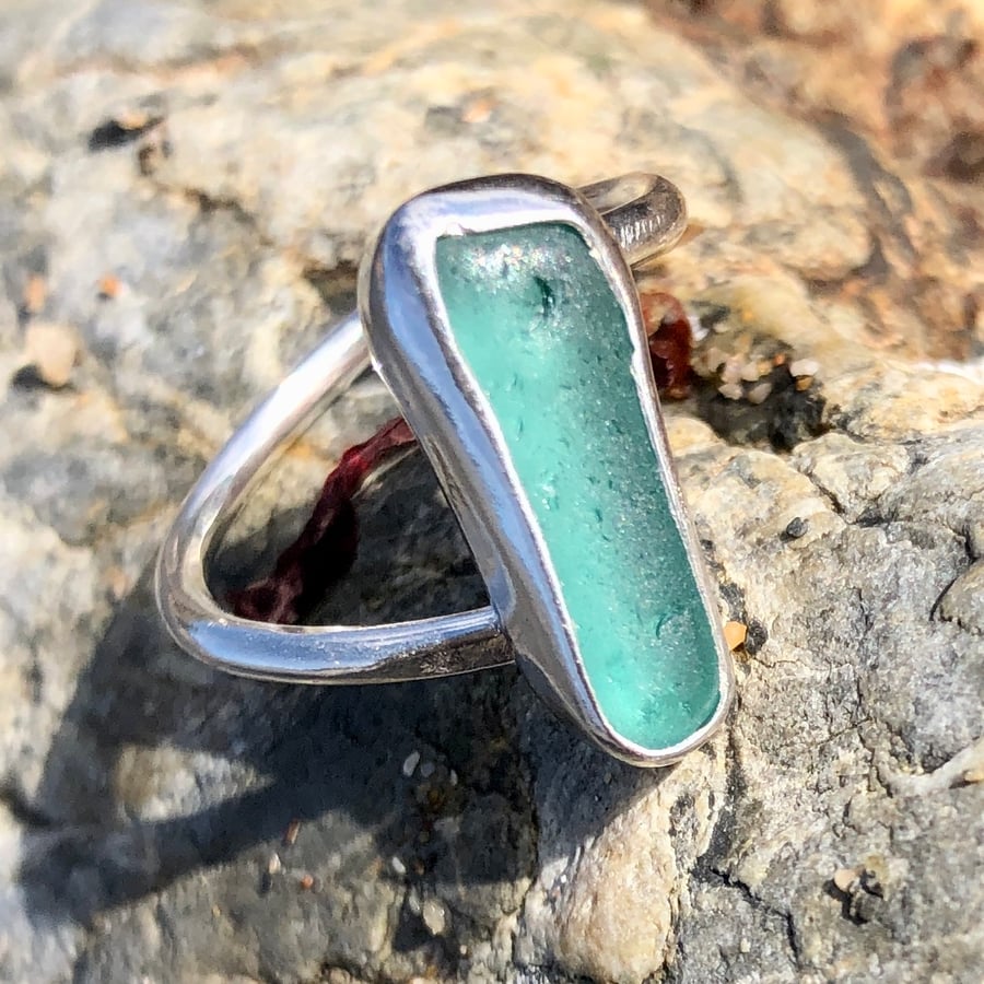 Teal Twist Sea Glass and Sterling Silver Ring- Size P.5  - 1145
