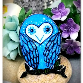 Owl Brooch, Handmade, Light blue 