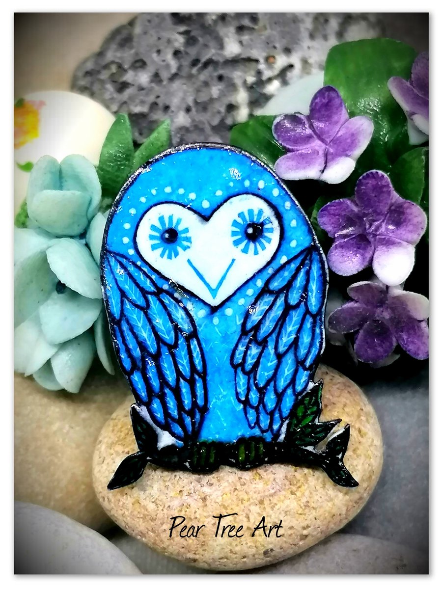 Owl Brooch, Handmade, Light blue 