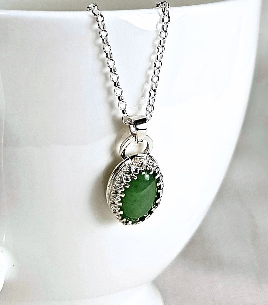 Sterling Silver Necklace with Green Aventurine, Green Gemstone Pendant Necklace 