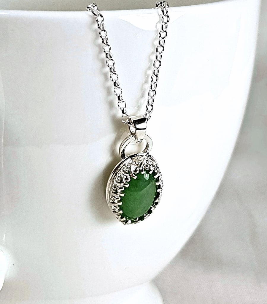 Sterling Silver Necklace with Green Aventurine, Green Gemstone Pendant  Necklace
