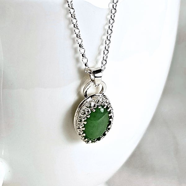 Sterling Silver Necklace with Green Aventurine, Green Gemstone Pendant Necklace 