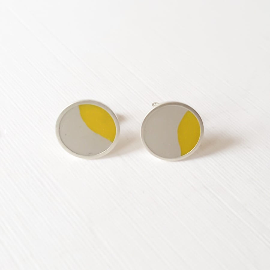 Pop Art Studs, Grey and Yellow, Minimalist, Everyday Earrings 