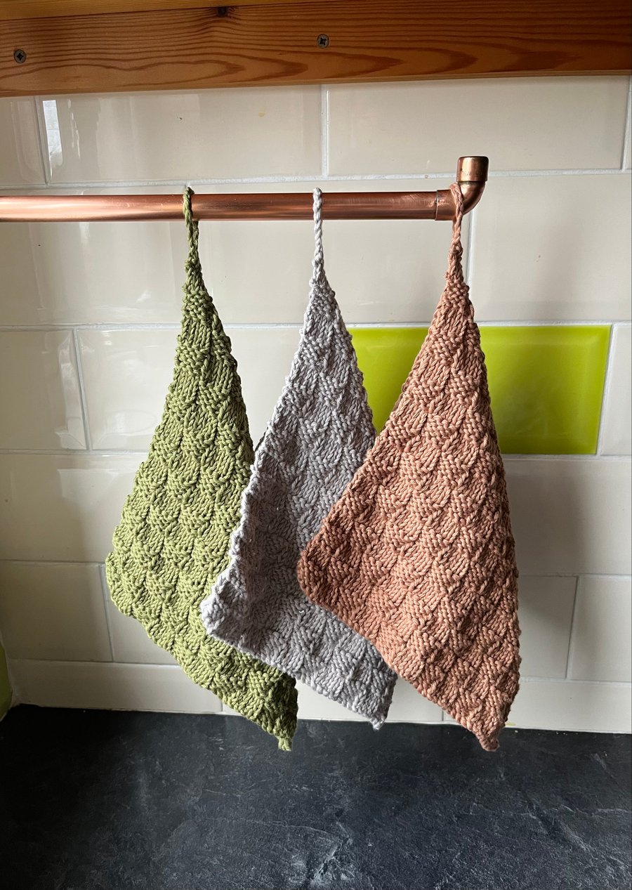100% Cotton hand knitted dishcloths - Woodlands 