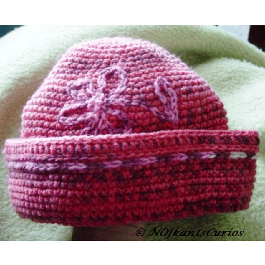 Floral Treat, Hand Crocheted little Girls Aran Yarn Hat.