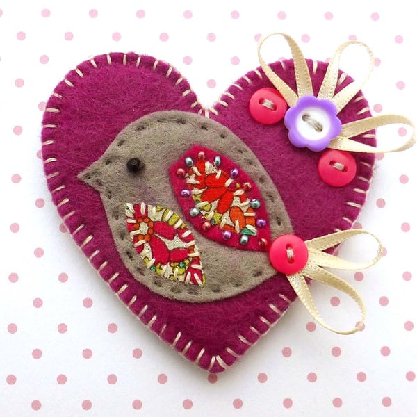 Love Heart Bird Brooch